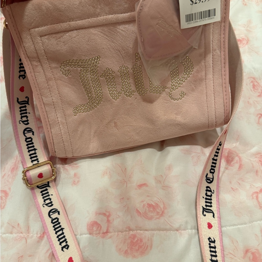 Juicy Couture Pink Velour Crossbody Bag with Logo Strap